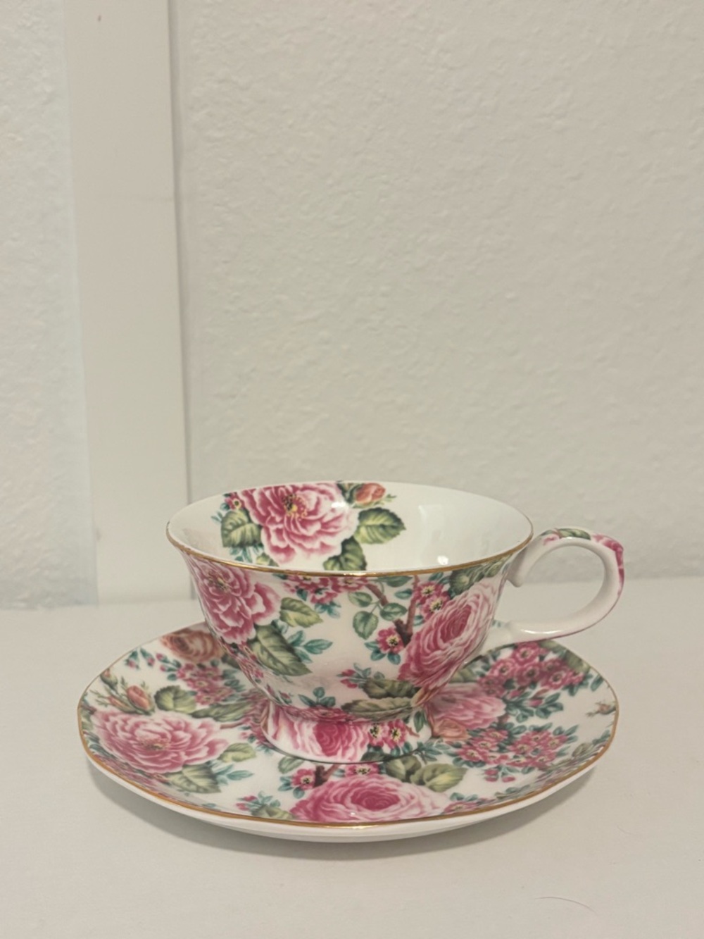 Vintage Edwardian Pink Rose Victorian Romantic Chintz Teacup and Saucer.